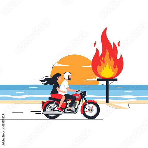 Pixel Art of Couple Riding Red Motorcycle on Beach Coastline with a Blazing Torch Against a Sunset Sea