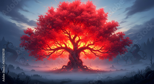 A vibrant, glowing tree with radiant red foliage emerges from a misty landscape, its branches reaching towards a twilight sky, creating a scene of mystical beauty and serene enchantment in a