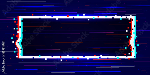 Blue background with glitch effect with frame. Technological error. Cyber dynamic distortion. Abstract rectangular shape. Visual noise screen. Cyber dynamic pixel. Vector banner design