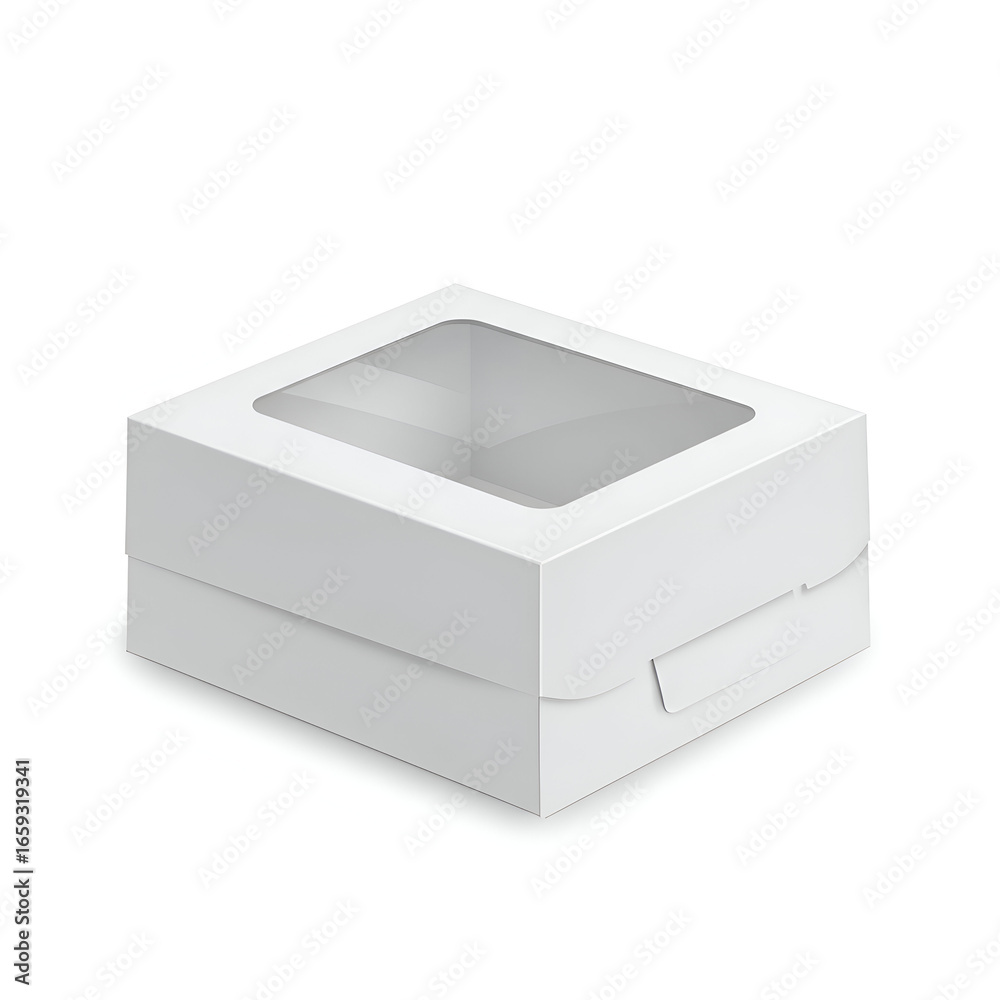 Fototapeta premium Empty white cardboard box with clear window for display. 3D rendering of a blank, square food packaging container, set against a plain white background.