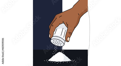 Hand Sprinkling Salt from Shaker onto Pile of White Crystals on Black Table against Blue and White Geometric Background
