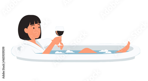 Woman Relaxing in Bathtub Drinking Red Wine Wearing a White Robe Enjoying Bubbles and Foam in a Minimalist Pixel Art Style on White Background