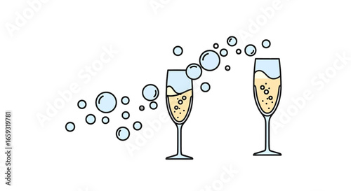 Two Champagne Flutes Toasting With Effervescent Bubbles in a Minimalist Pixel Art Style Against a Clean White Background