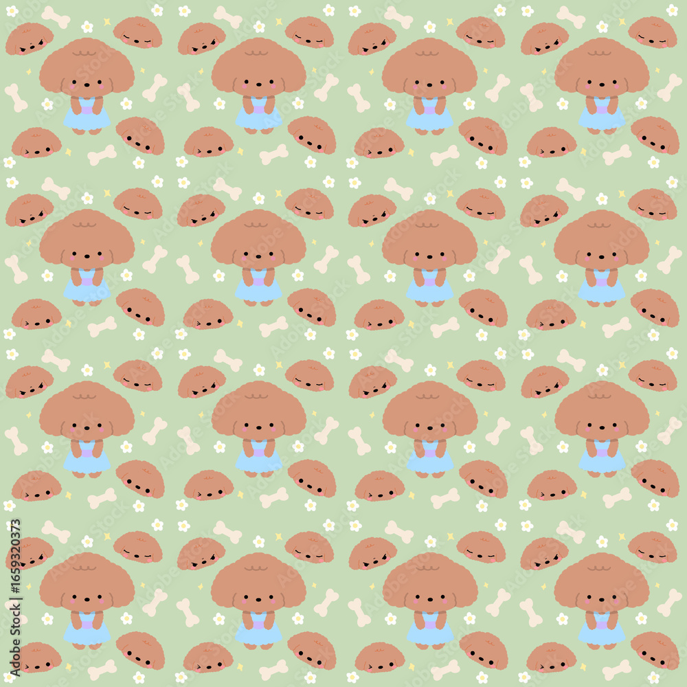 Fototapeta premium Cute Poodle Dog Seamless Pattern – Kawaii Puppy with Bones and Flowers on Green Background