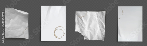 Paper sheet fold set with white crumpled textures, coffee stain ring on smooth surface, wrinkled corners and torn edges with realistic creases for vintage document mockups, aged material effects.
