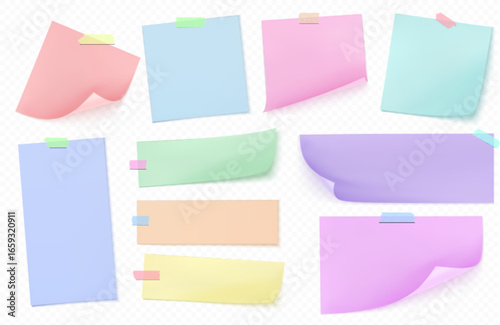 Sticky note memo collection with adhesive papers and colorful tape attachments for office use. Square sheets with curled corners for reminders or messages. Blank notepads for planning.