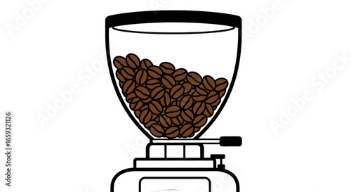 Brown Coffee Beans in Grinder Machine Illustration on White Background With Black Accent and Minimalist Design Ready for Coffee Preparation