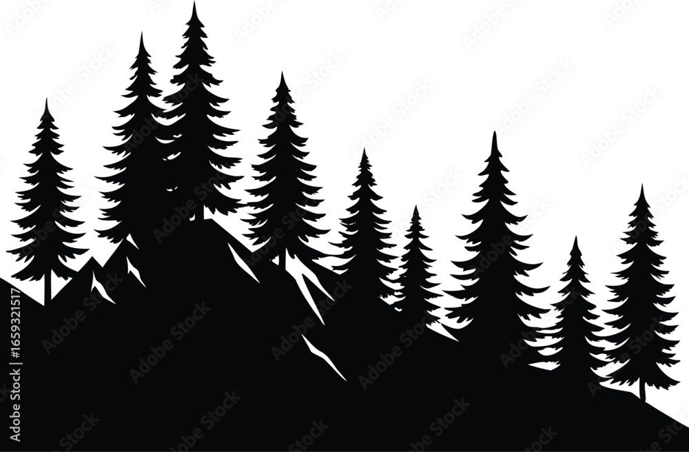 Obraz premium Rocky mountain pine forest silhouette isolated on white background