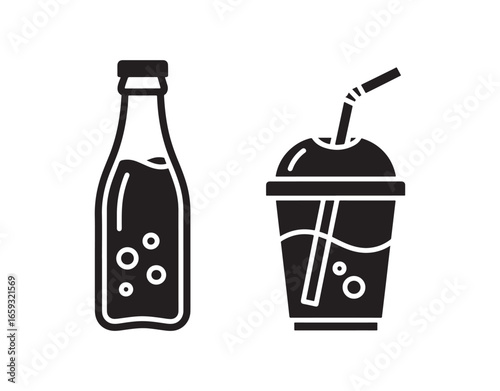 Icon representing cold beverages. Vector silhouette. A bottle alongside a plastic cup containing a drink.
