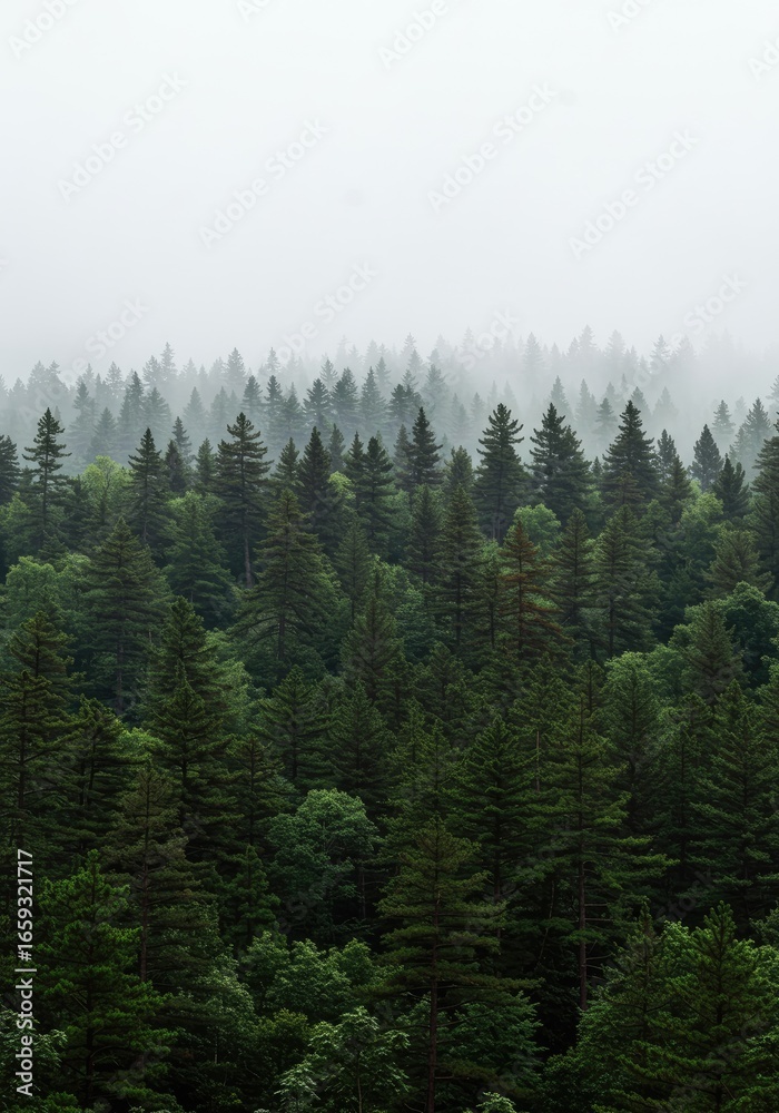 Fototapeta premium Misty forest view, coniferous trees, mountain range, nature scene, use for posters, greeting cards, and websites