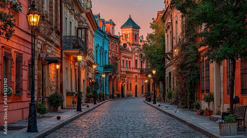 Fototapeta premium Picturesque European City Street at Dawn with Cobblestone Paths and Lush Ornamental Trees Evoking a Sense of Calm and Reflection