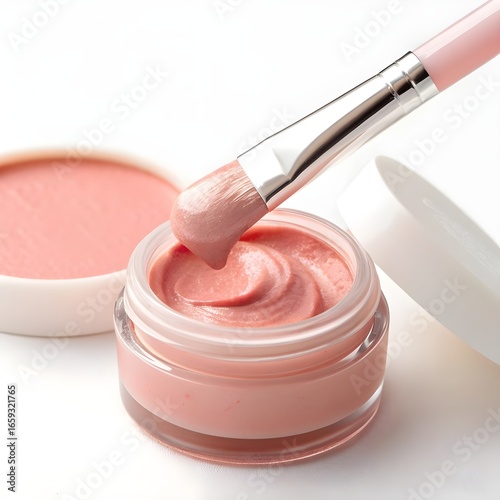 Spatula scooping cream blush from jar, soft plush texture and cloud-like dollop, macro cosmetic beauty detail
