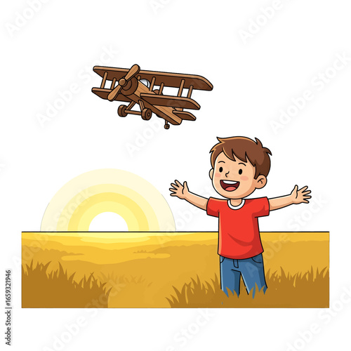 Cheerful Boy Playing With Wooden Airplane Toy At Sunset In Golden Field A Warm Rural Landscape With Retro Theme