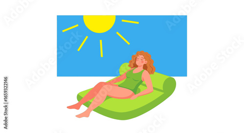 Woman in Green Swimsuit Relaxing on Lounge Chair Under the Sun in Blue Sky Vacation Serenity and Leisure Time