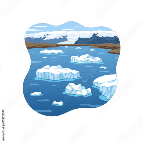 Abstract Pixel Art of Icebergs Floating on Ocean with Mountains and Cliffs in Background