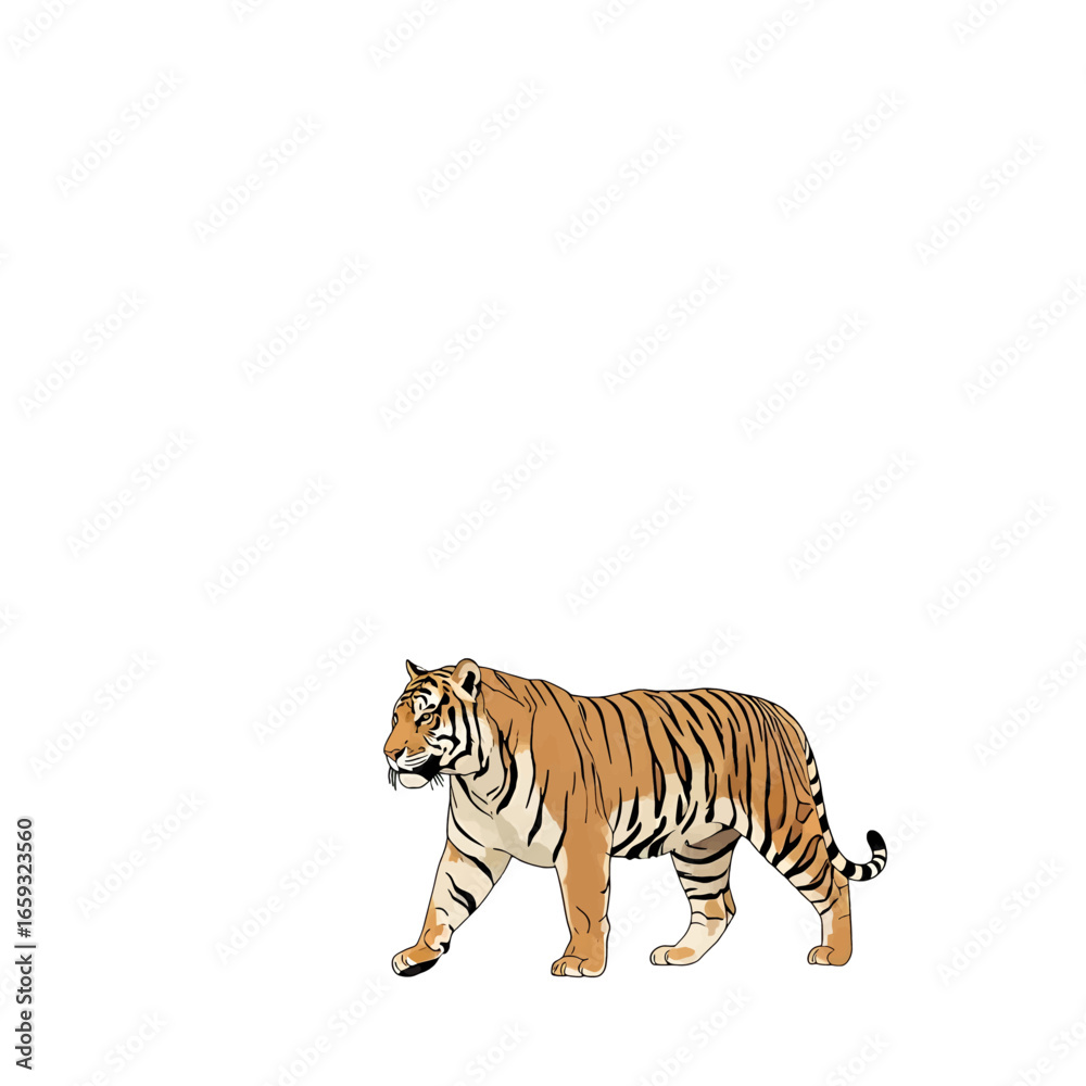 Obraz premium Pixel Art of a Tiger Walking with Orange and Black Stripes on a White Background