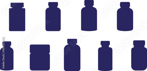 Medicine Bottle Vector Icons – Health, Pharmacy, Pill, Container, Drug, Hospital, Blue, Pack, Safety, Plastic, Treatment, Dose, Medical, Vitamin, Glass, Package, Isolated, Symbol