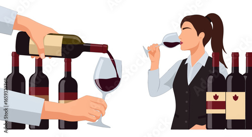 Sommelier Pouring Red Wine and a Woman Drinking in a Wine Glass Illustration with Bottle Collection on a White Background