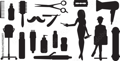 Hair salon silhouette vector, hairdresser tools icon, beauty salon silhouette, barber tool vector, scissors comb silhouette, hair styling tools icon, salon product vector, hairstyle silhouette design,