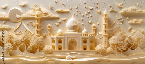 Paper carving of a mosque and mountain with trees, the mosque is made in a beige color, there should be no background