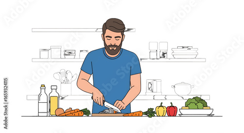 Man in Blue Shirt Cuts Vegetables on Wooden Board in Bright Kitchen with Carrots Peppers and Oil Bottles Minimalist Illustration