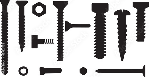 Tool silhouette vector, screw icon design, nail silhouette vector, drill bit clipart, hardware tool silhouette, construction screw vector, carpentry tool icon, repair hardware silhouette, screw isolat