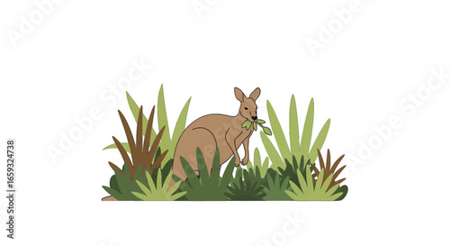 Pixel Art of a Kangaroo Eating in Green Bush on White Background Illustration of Australian Wildlife