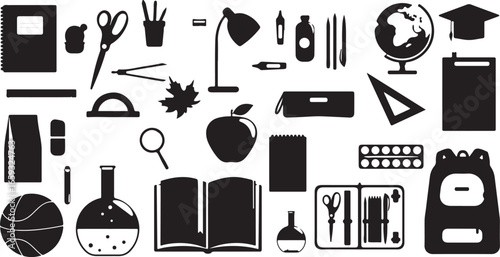 School education icon set, study tools silhouette, book learning vector, academic knowledge symbol, classroom object icon, apple education symbol, stationery silhouette vector, school supplies icon, w