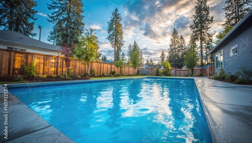 Backyard pool, serene, evening light