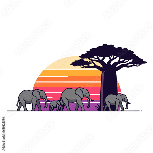 Pixel Art of Elephant Family Walking Towards Baobab Tree at Vibrant Sunset Silhouette Illustration