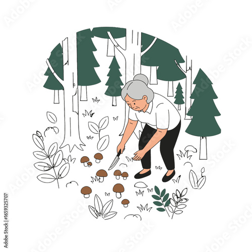 Elderly Woman Picking Mushrooms in a Forest with Tall Trees and Foliage Under White Lighting Style