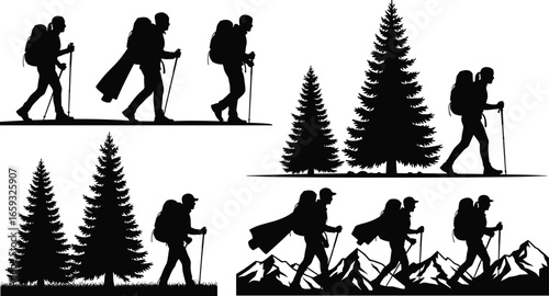 Silhouettes of hikers with backpacks and trekking poles, walking in forest, grassland, and mountain terrain, outdoor adventure vector illustration, nature, travel, exploration