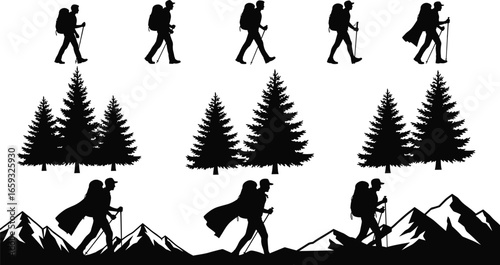 Silhouettes of hikers with backpacks and trekking poles, walking through forest and mountain landscapes, pine trees, outdoor adventure vector illustration, nature, travel, exploration