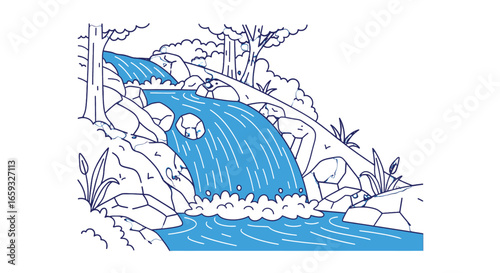 Serene Waterfall Cascade Scene with Blue Water and Surrounded by Lush Greenery in a Minimalist Line Art Style