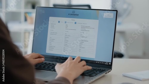 Office worker filling online electronic invoice form on laptop