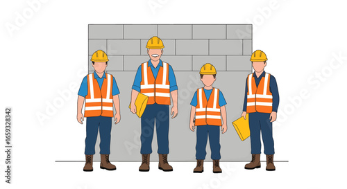 Four Construction Workers in Yellow Hardhats and Orange Vests Standing Near Gray Wall in Flat Vector Illustration