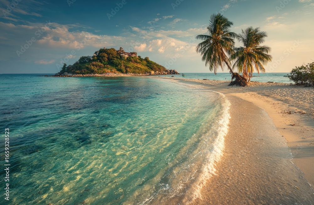 Obraz premium Tranquil island beach at golden hour