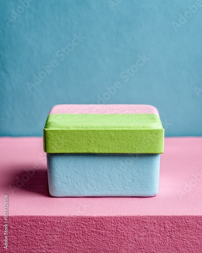 Pastel-colored square box on pink surface