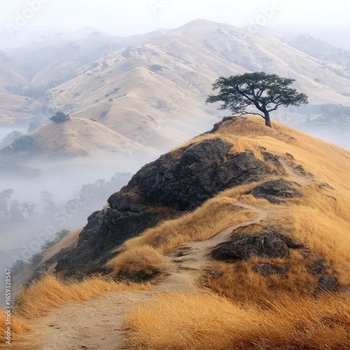 Misty mountain peak with solitary tree and trail
