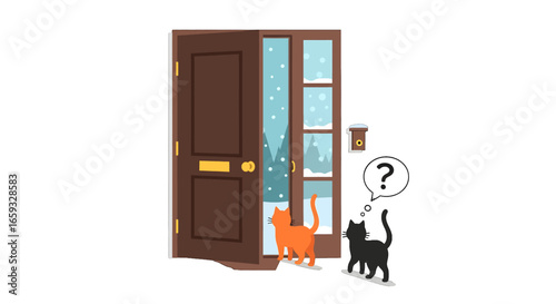 Orange and Black Cats at Open Door with Snow Falling Outside in Winter Pixel Art Graphic