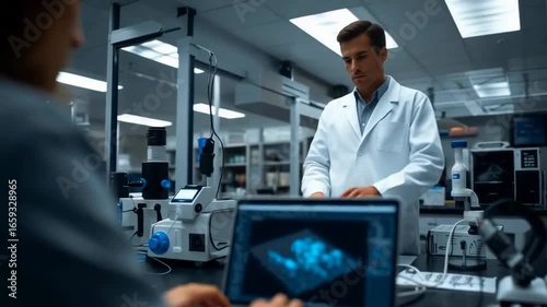 Wallpaper Mural A person is working on a laptop displaying a 3D design in a laboratory setting, with another individual in a lab coat in the background. Torontodigital.ca