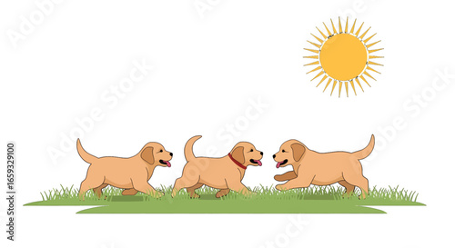Three Golden Puppies Playing on Green Grass with a Yellow Sun Pixel Art Illustration