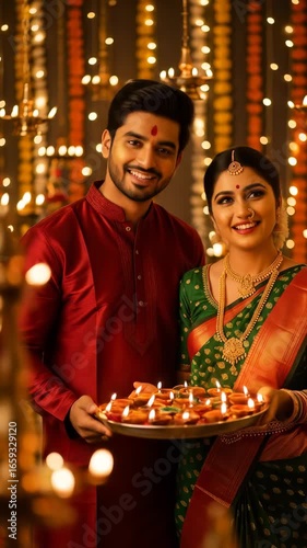 Smiling couple traditional Indian attire holding decorated tray with oil lamps, celebrating Diwali festival with warm lights, festive decorations, joyful atmosphere, marigold, and elegant celebration