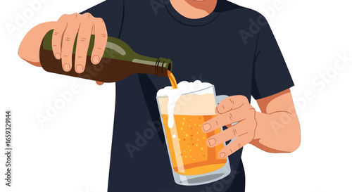 Pouring Golden Beer From Green Bottle Into Glass Mug with Foam in Pixel Art Style
