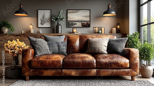 Comfortable brown leather couch in contemporary decor style high resolution image