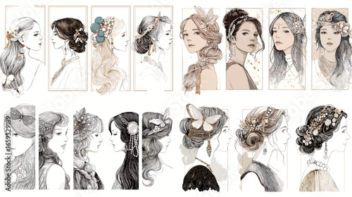 Elegant illustrations of women in profile with detailed hairstyles, decorated with flowers, ornaments, and vintage-inspired accessories.