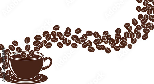 Stylized Brown Coffee Cup with Beans Trailing Upward on White Background in Graphic Illustration