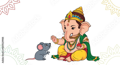 Cute Baby Ganesha with Mouse: Adorable Cartoon Illustration

Colorful Lord Ganesh and Mooshak: Hindu God Art for Kids

Kawaii Ganesha and His Vehicle: Spiritual and Playful Drawing