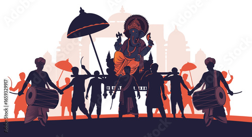 Ganesha Procession with Drummers and Umbrellas: Ganesha Chaturthi Celebration

Hindu Festival Parade: Ganesha Idol Carried by Devotees

Spiritual Ganesha Visarjan Illustration: Traditional Indian Art
