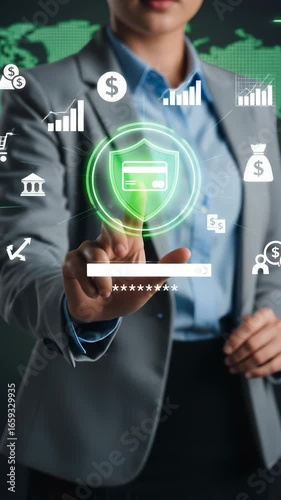 Businesswoman utilizing virtual interface for secure online payment, digital banking, finance technology, and protection confident businesswoman interacts with virtual shield icon, ensuring credit